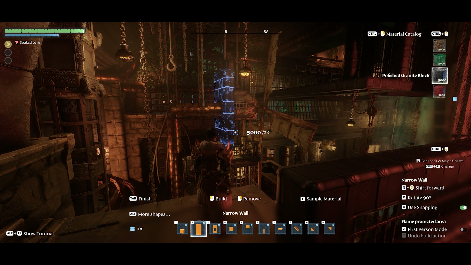 Official Enshrouded workshop building scene with the Construction Hammer, Material Catalog and shape selection HUD